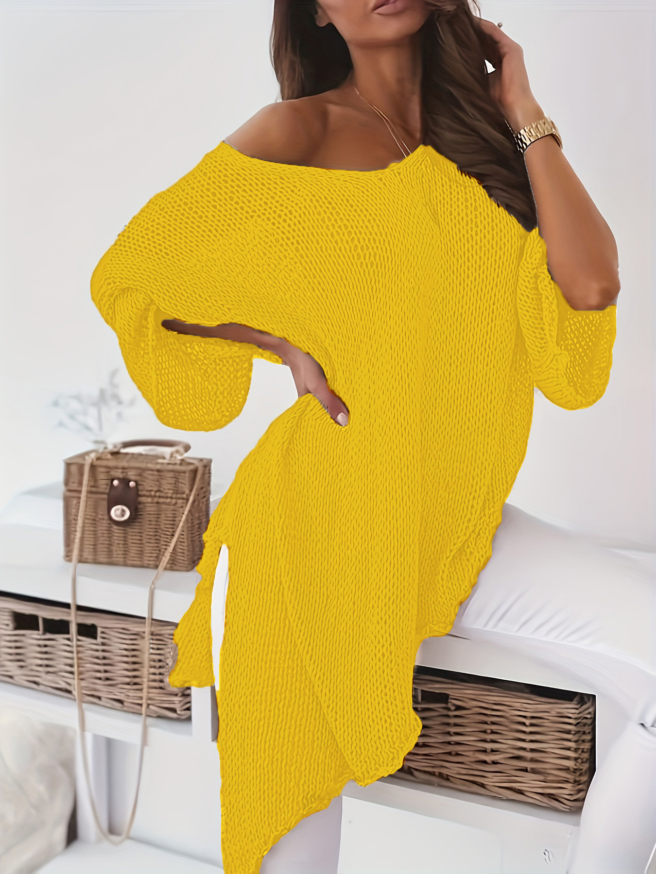 Women's Plus Size V-Neck Flared Sleeve Midi Sweater