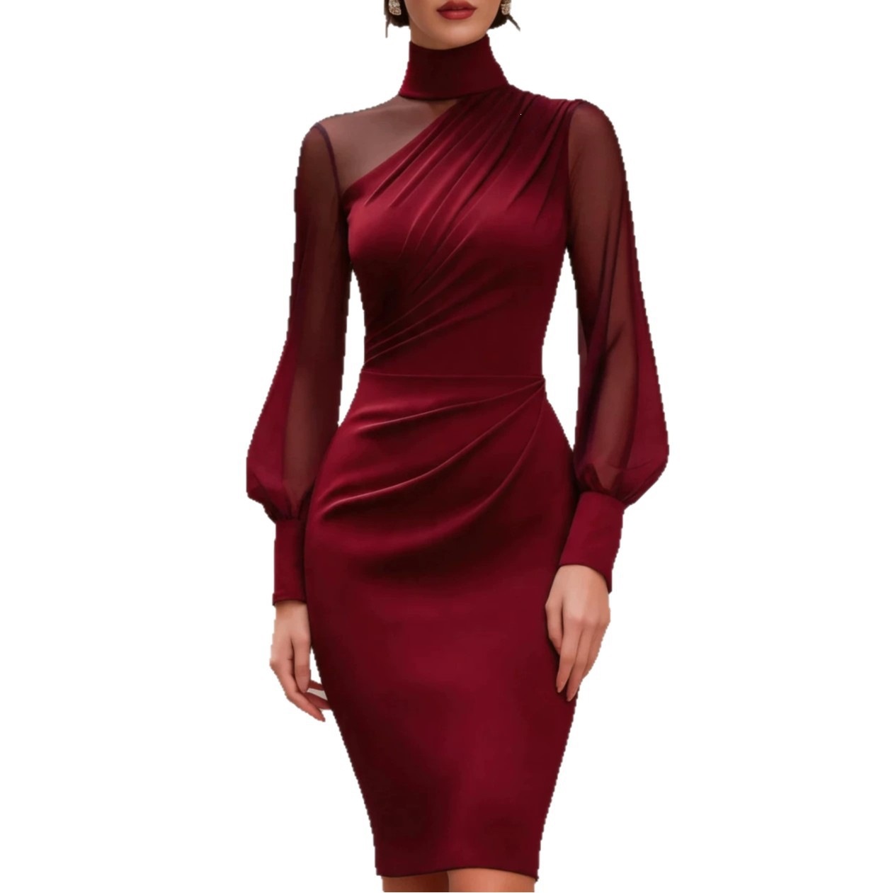 Mesh Panel High Neck Lantern Sleeve Bodycon Midi Dress