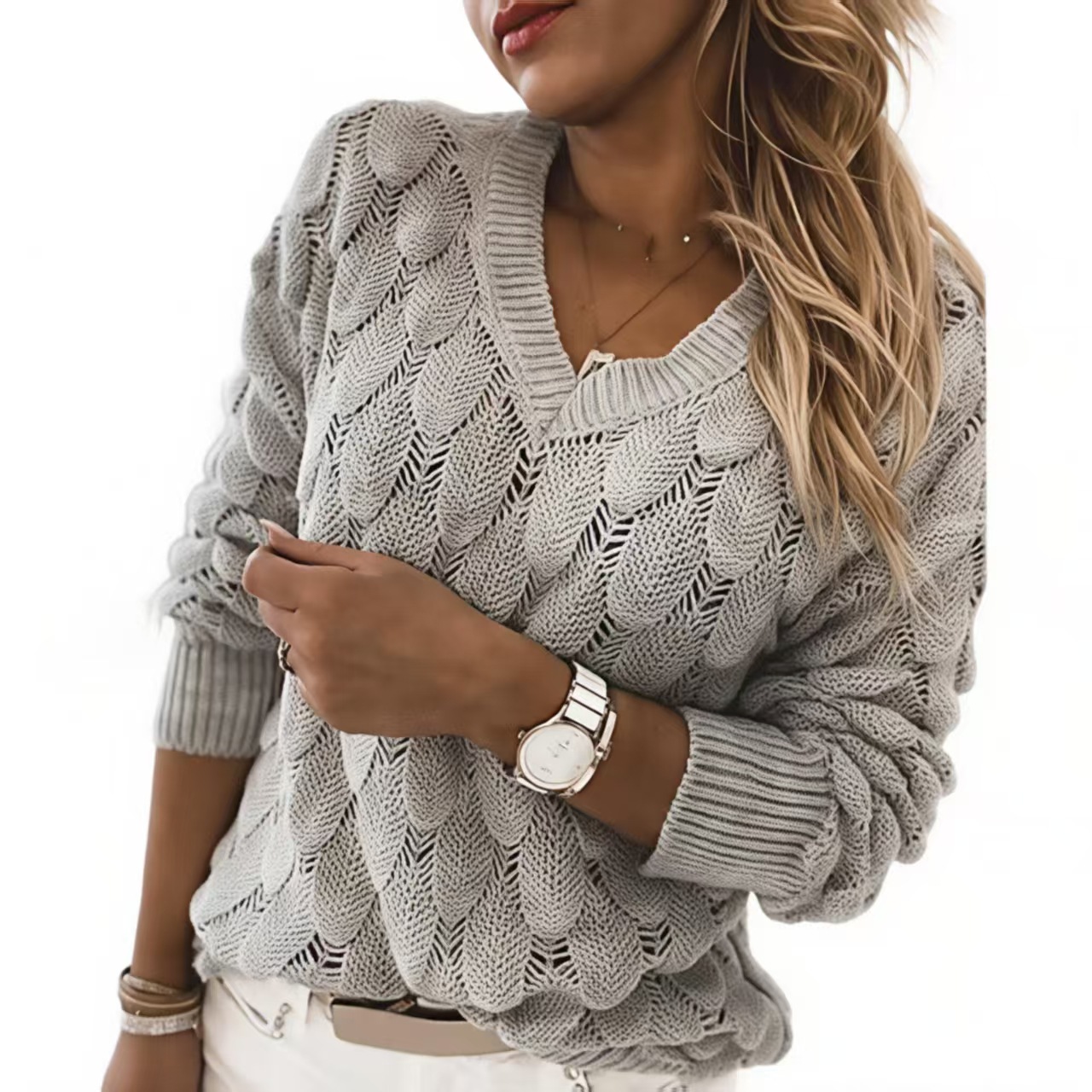 Women's V-Neck Hollow-Out Knit Sweater with Feather Detail Long Sleeve