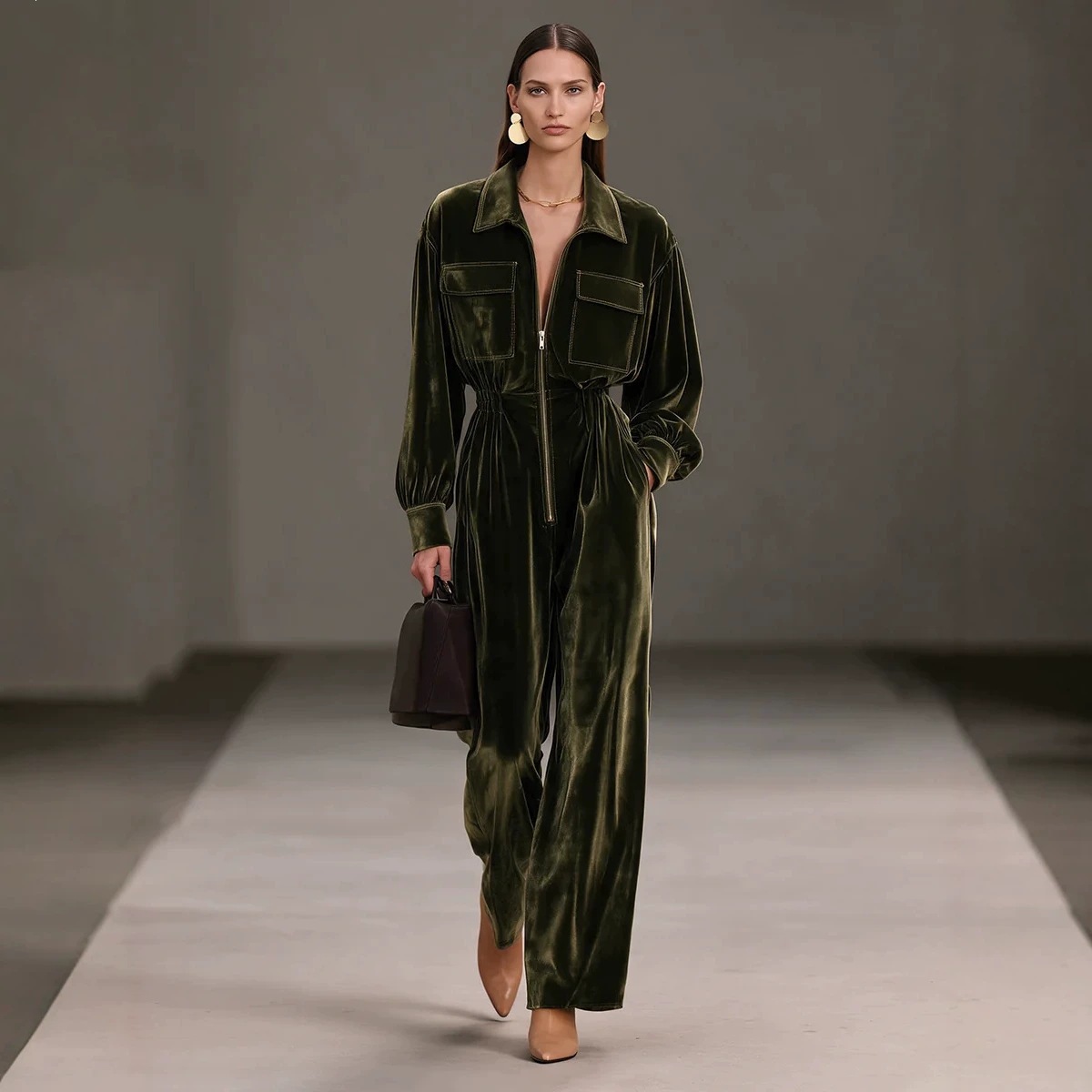Gold Velvet Jumpsuit with Collar, Lantern Sleeves, Elastic Waist, Wide Leg