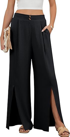 Women's High-Waist Wide-Leg Solid Casual Pants with Elastic Waist