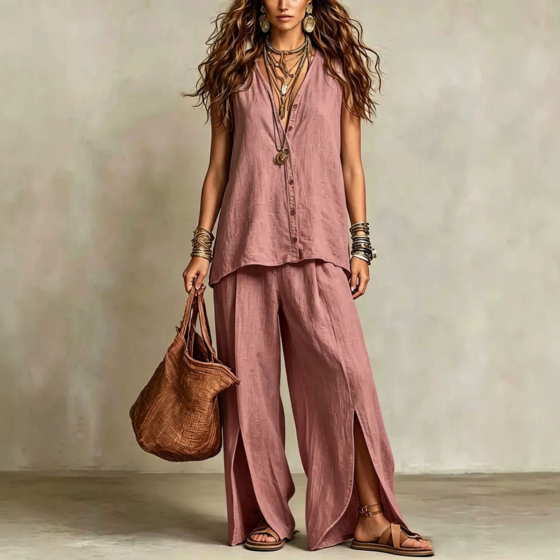 Women's Sleeveless V-Neck Button Lounge Set Casual Beach Two-Piece