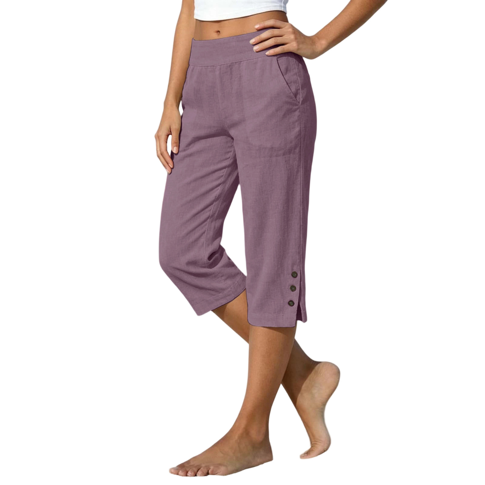 2026 Summer Women's Cotton-Linen Capri Pants High Waist Loose Straight Leg Slit Button Casual Pants Cross-Border Women's
