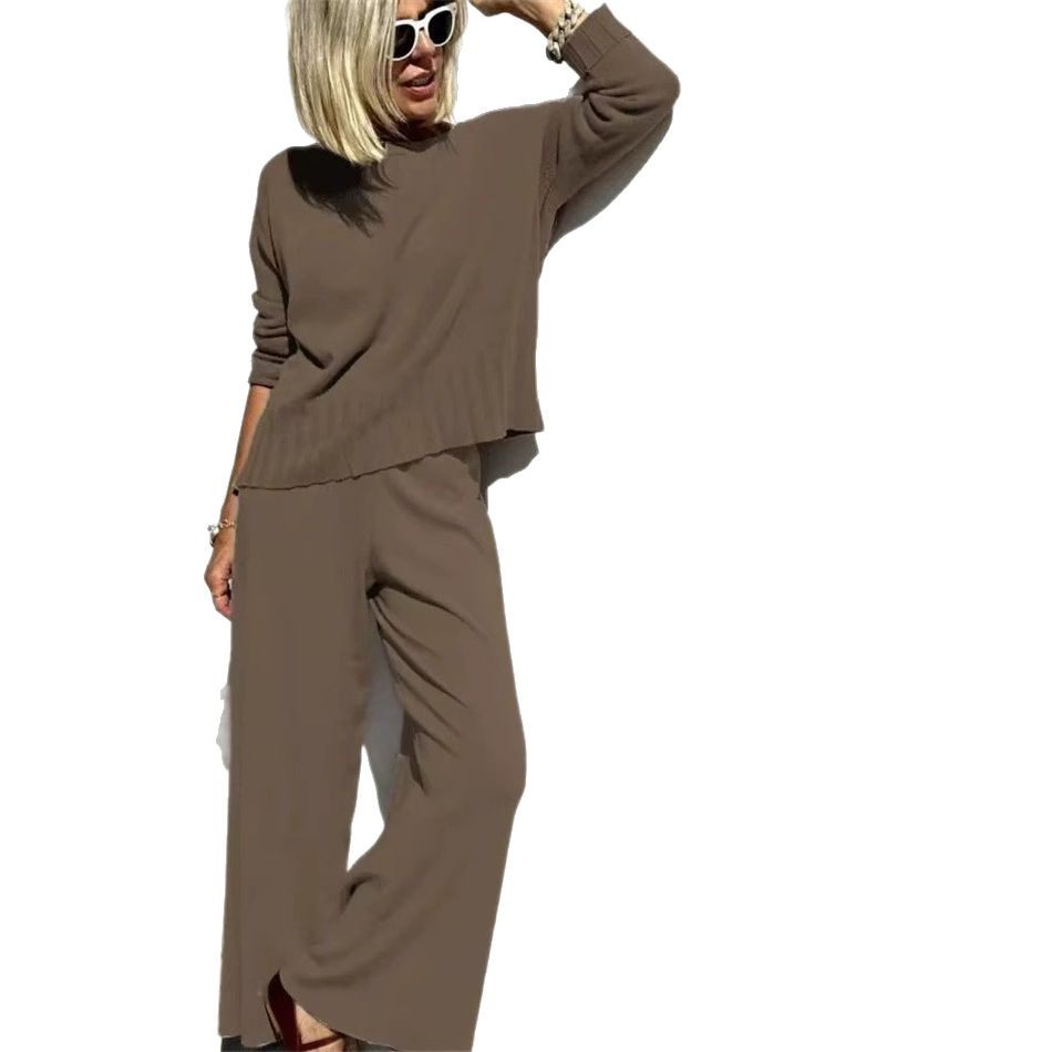 Lazy Style Knit Wide-Leg Pants Set with Pullover Sweater Women's Casual Two-Piece