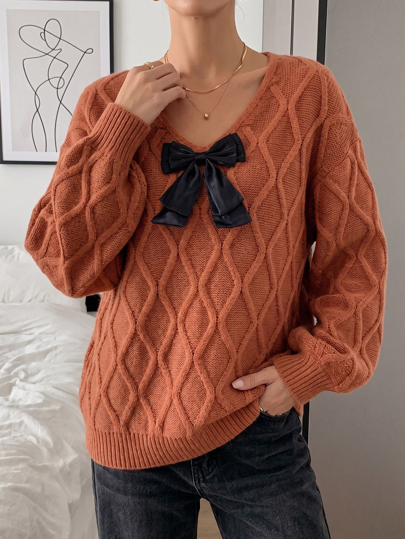 V-Neck Bow Long-Sleeve Loose Knit Sweater