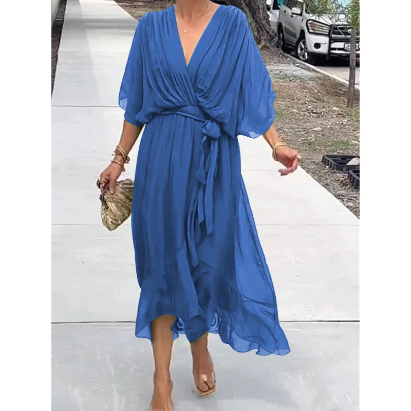 Women's Solid Color Tie-Waist Batwing Sleeve Irregular Long Dress Plus Size