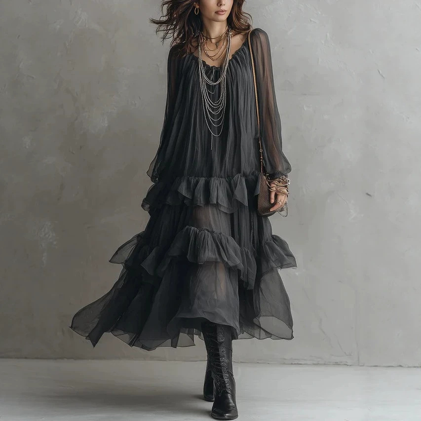 Sheer Chiffon Long Sleeve Tiered Ruffle Maxi Dress
