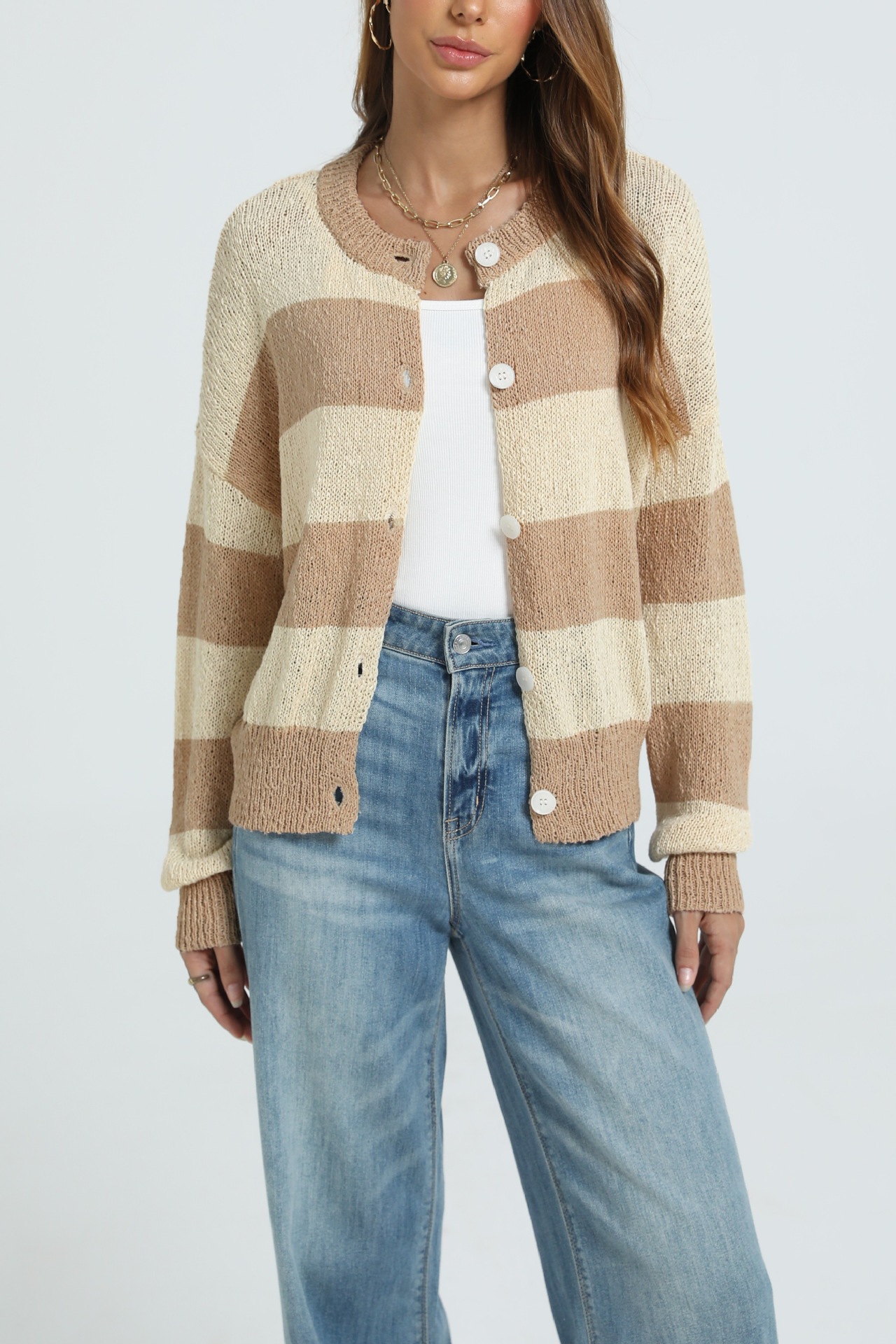 Striped Knit Cardigan Long Sleeve Round Neck Button-Up Sweater