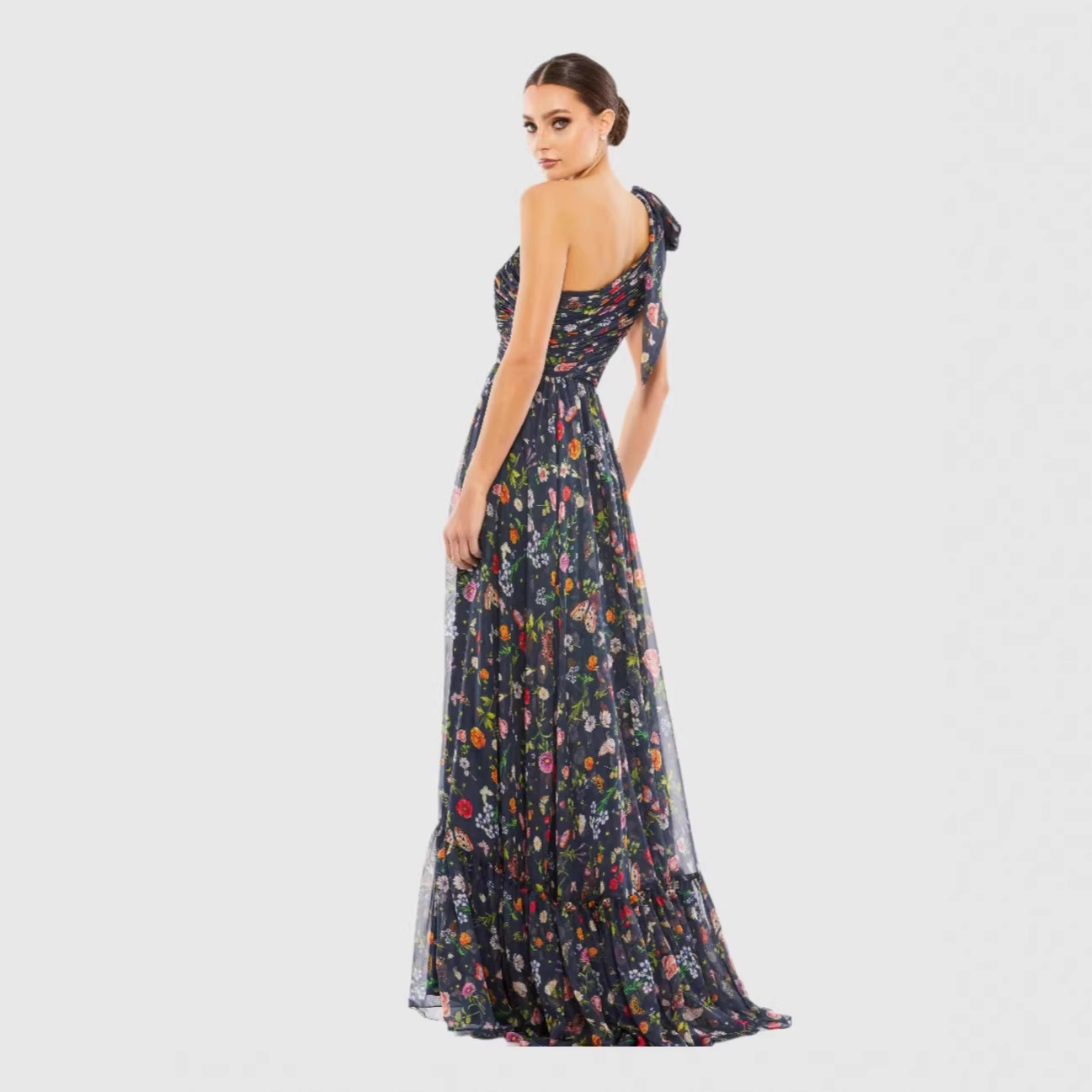 Women's One-Shoulder Asymmetric Long Dress with Lining and Mesh Digital Print