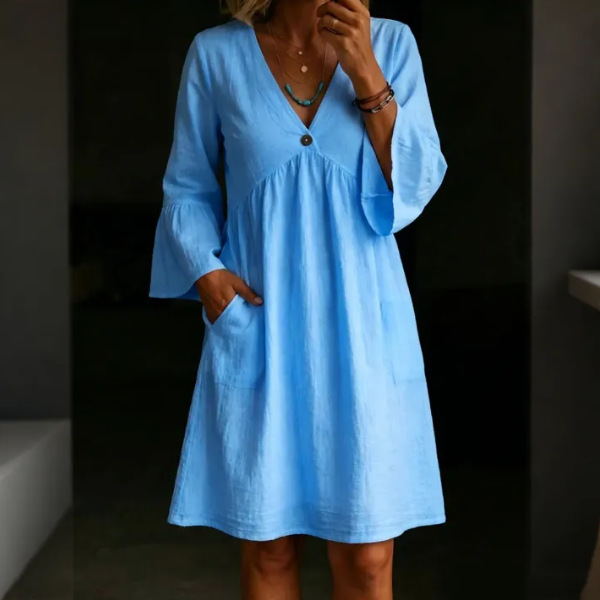 Women's Solid V-Neck Bell Sleeve Loose Vintage Dress