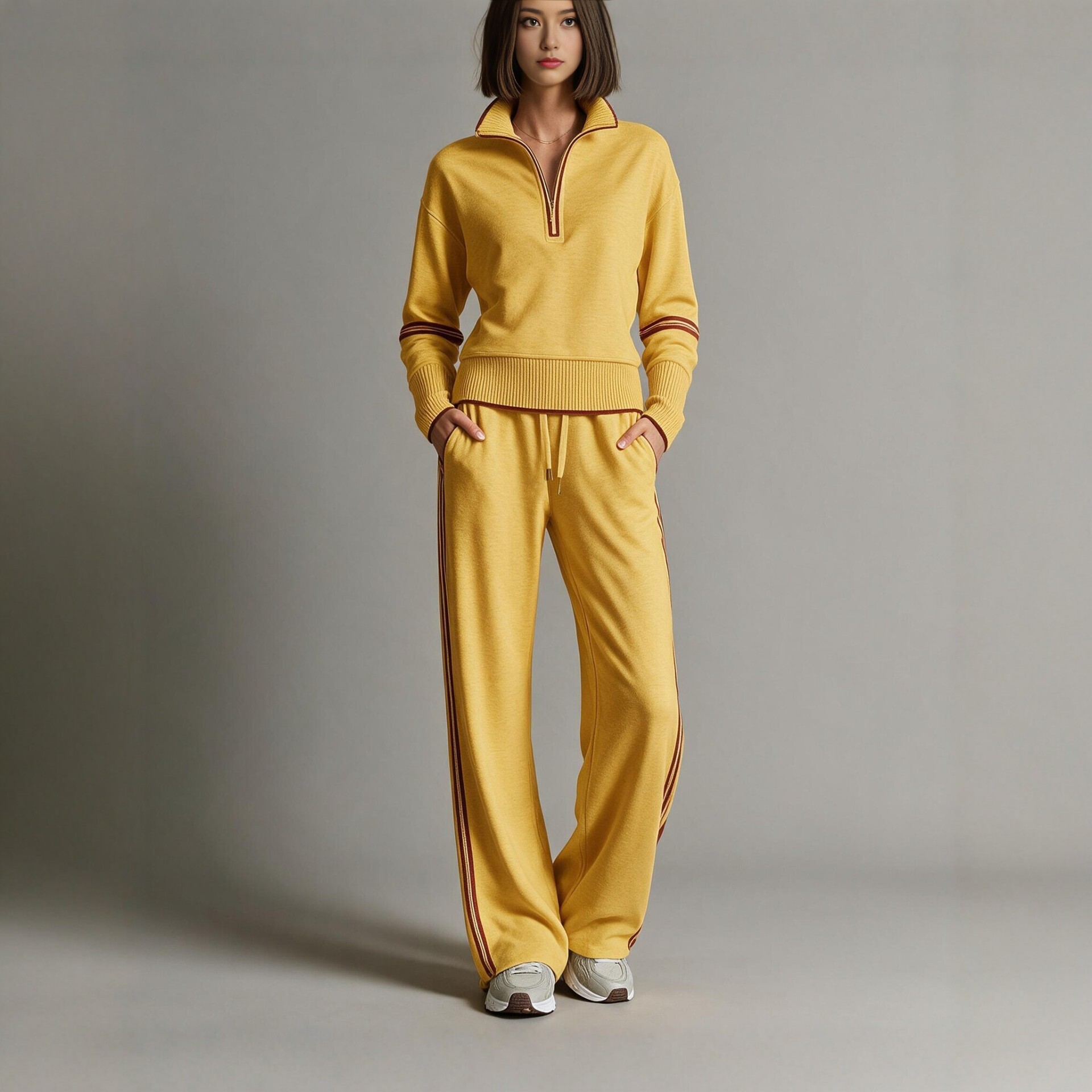 Colorblock Stand Collar Hoodie & Wide-Leg Pants Two-Piece Set