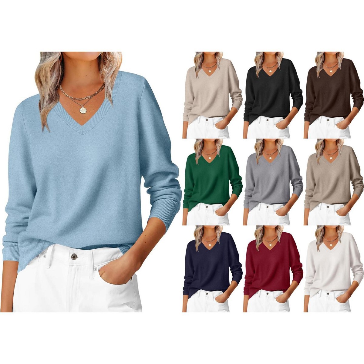 Women's Long Sleeve V-Neck Sweater Soft Loose Pullover Classic Casual
