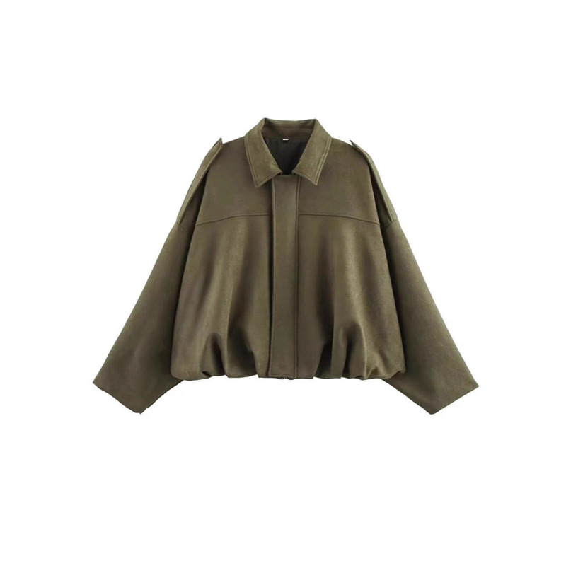 Faux Suede Bomber Jacket with Collar, Zip and Button Front