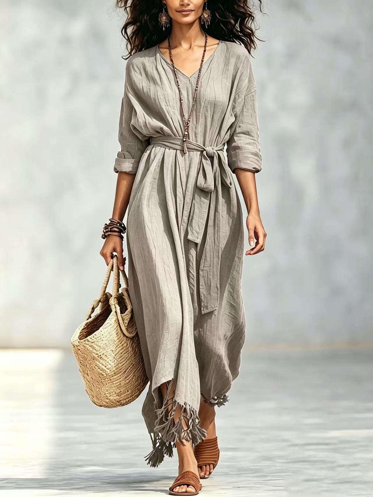 Boho V-Neck Tie-Front Fringe Hem Midi Dress