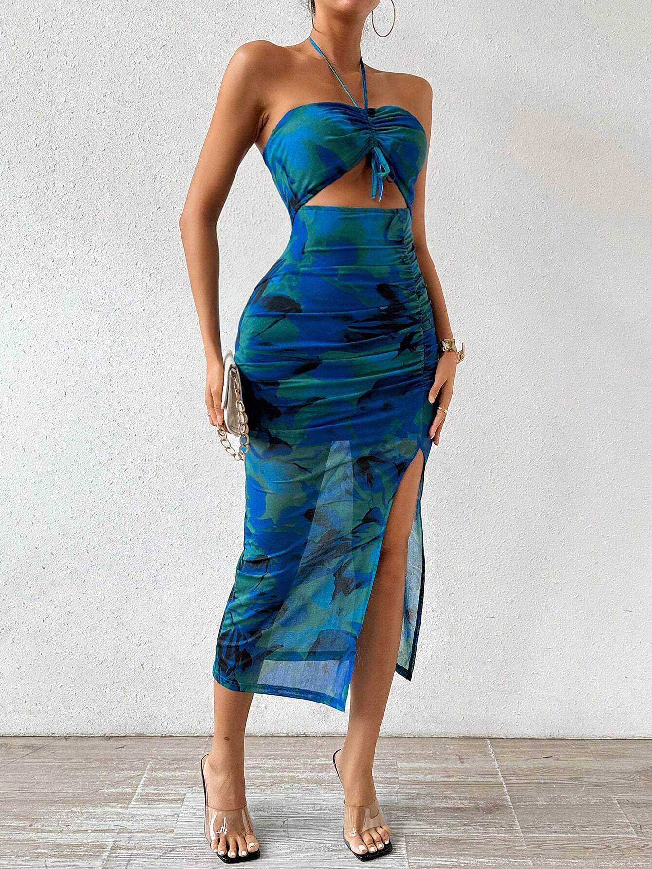 Sexy Open-Back Ruched Strapless Tie-Front Floral Dress