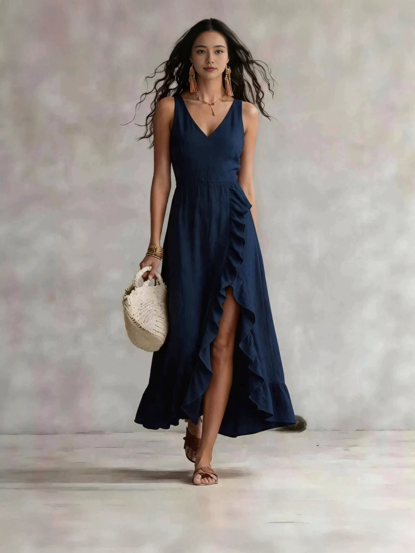 Bohemian V-Neck Sleeveless Ruffle Slit Maxi Dress