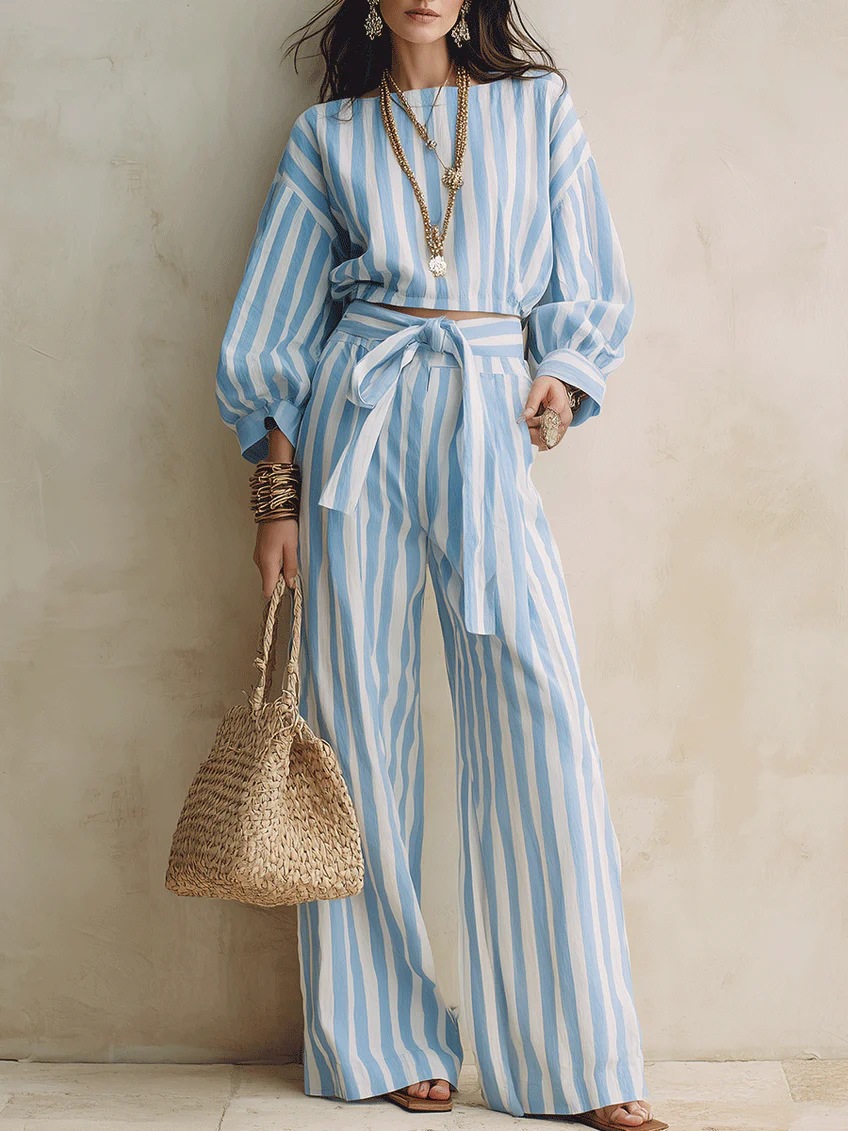 Striped Short Top & Wide-Leg Pants Set with Tie