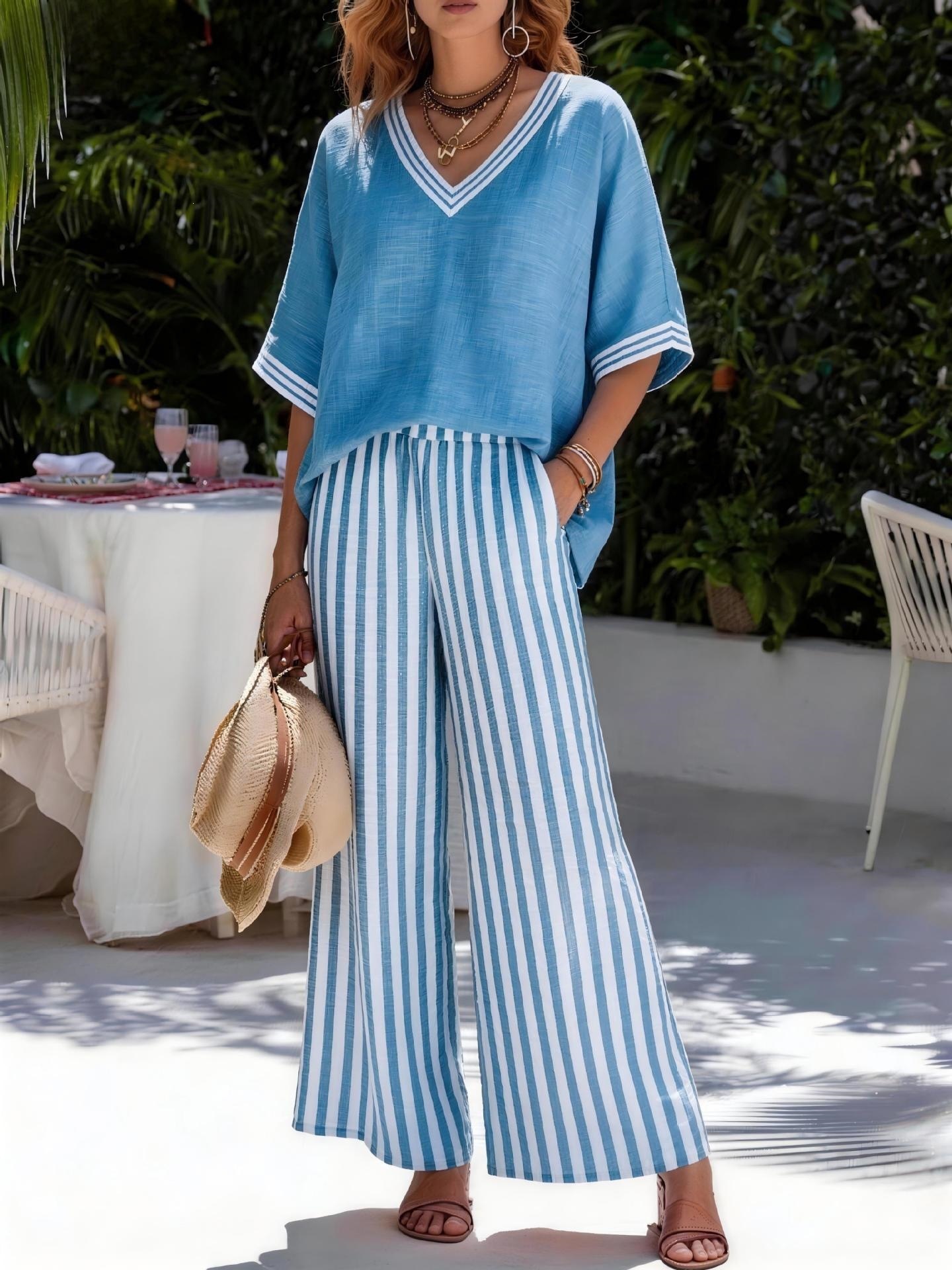 Women's Striped V-Neck Two-Piece Set Casual Loose Fit