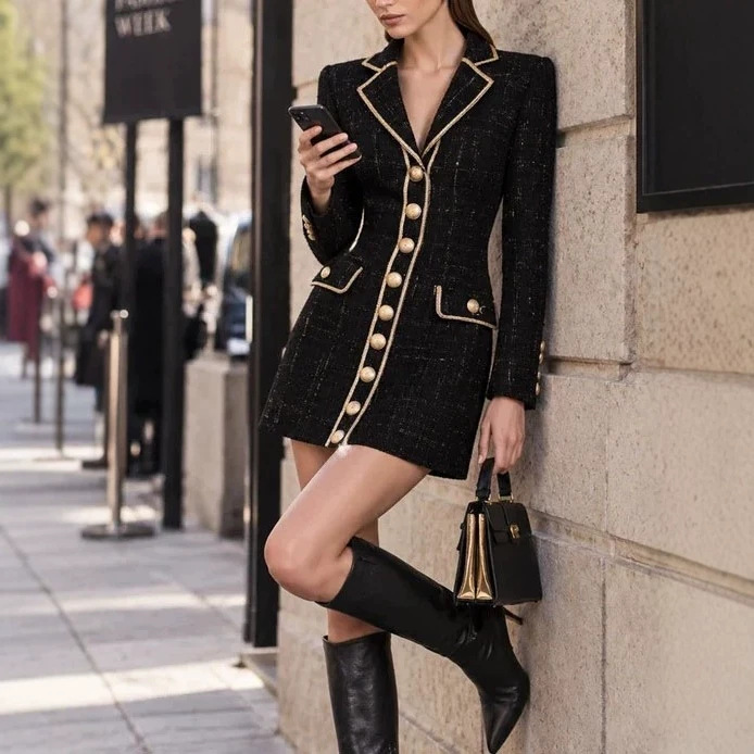 Black Tweed Mini Dress with Gold Trim and Button Details