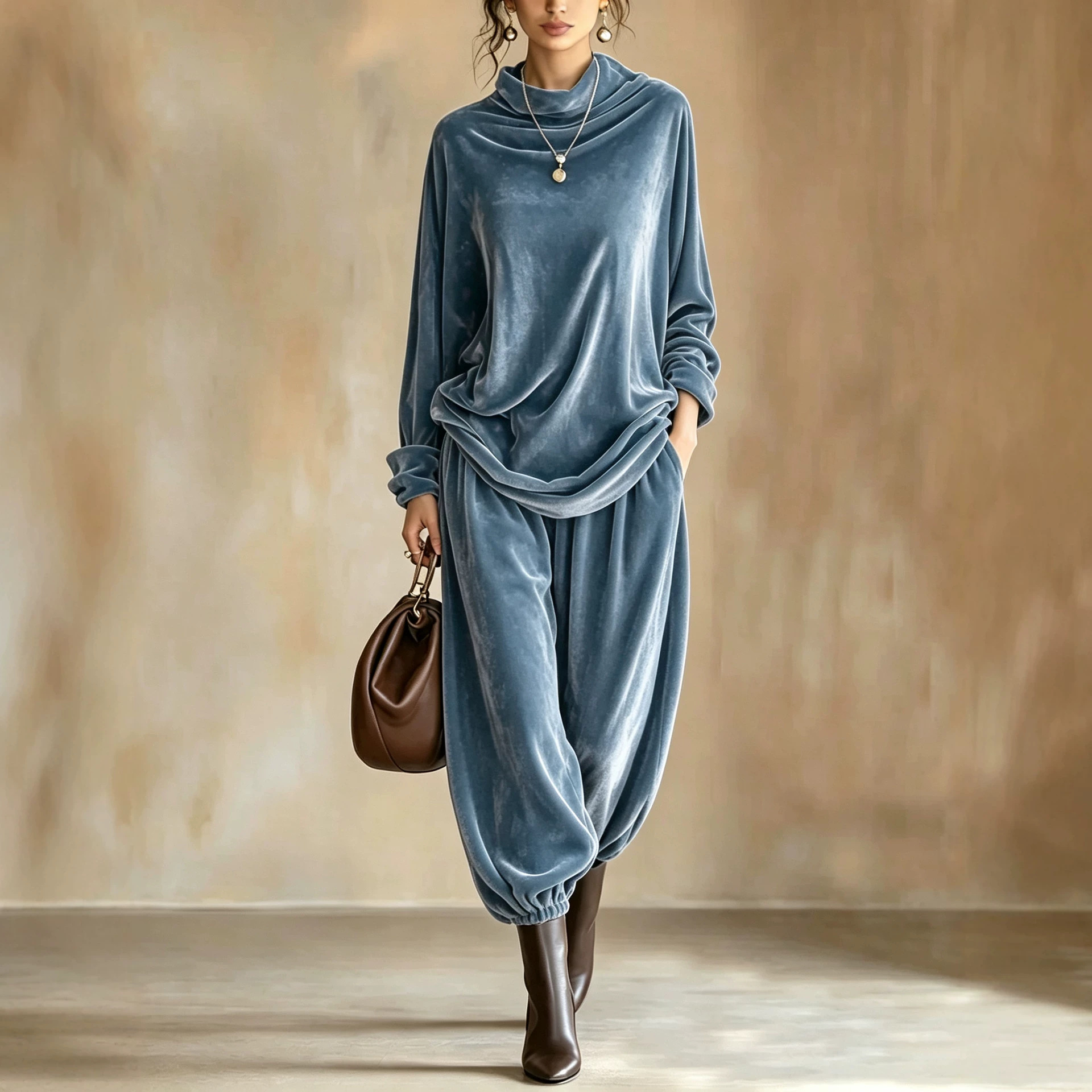 Women's Velvet Two-Piece Set with Cowl Neck Top and Harem Pants
