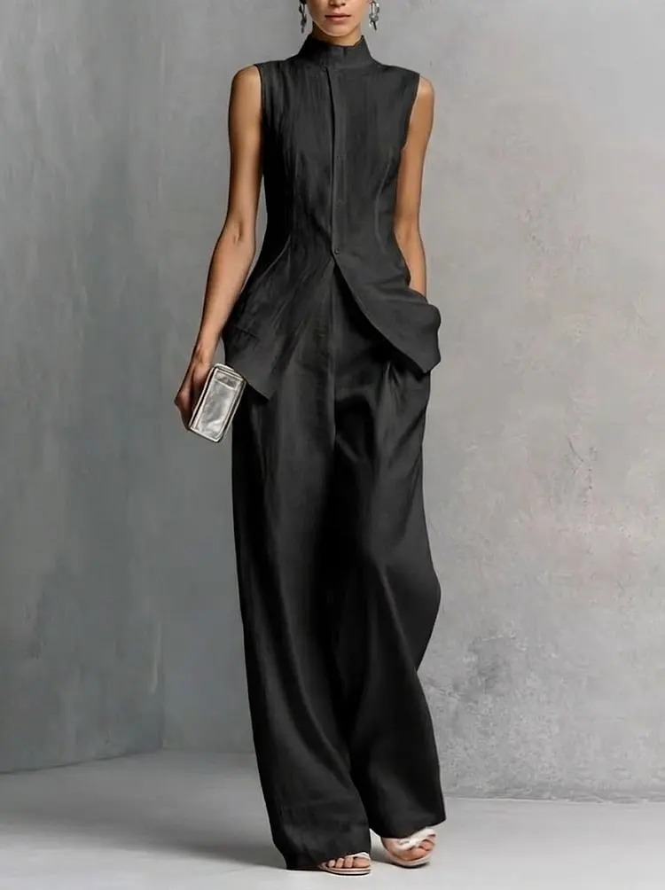 Women's Sleeveless Solid Top & Wide-Leg Pants Two-Piece Set