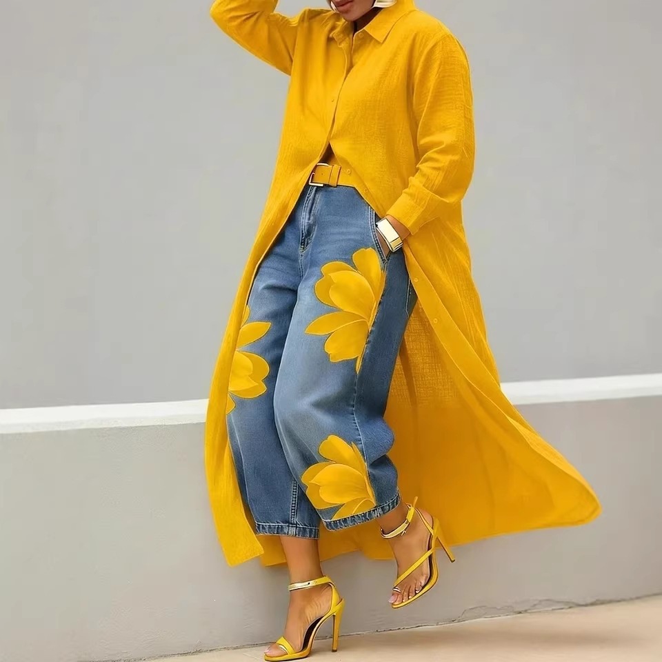 Solid Color Loose Long Shirt Dress with Polo Collar