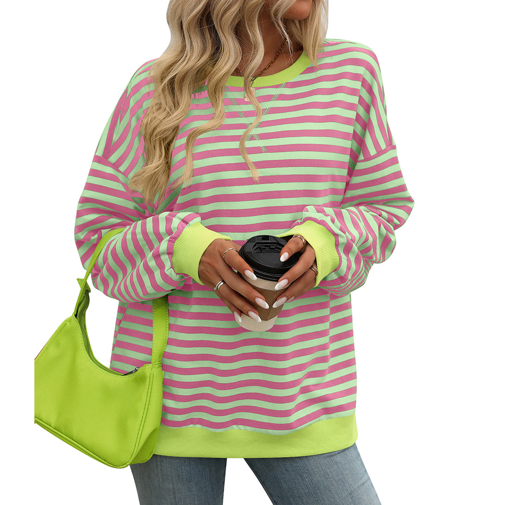 Colorful Striped Crewneck Loose Sweatshirt for Women