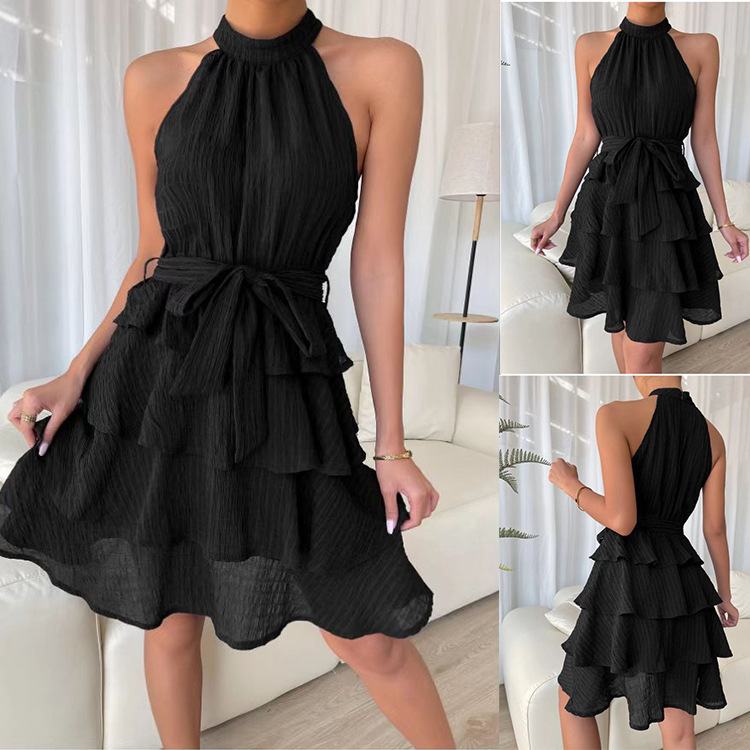 Women's Sleeveless Ruffle Dress with Spliced Design