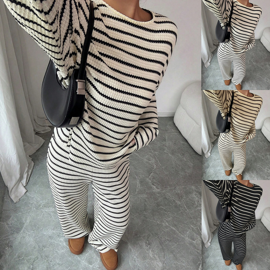 Women's Striped Round Neck Long Sleeve Top and Pants Two-Piece Set