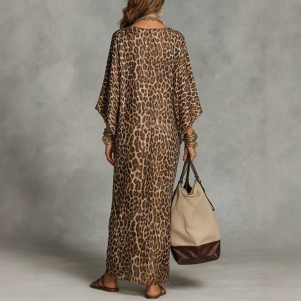 Leopard Print V-Neck Loose Long Dress with Puff Sleeves