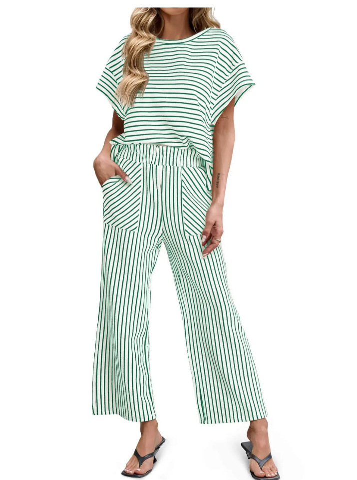Women's Striped Two-Piece Set Short-Sleeve T-Shirt & Wide-Leg Pants with Pockets