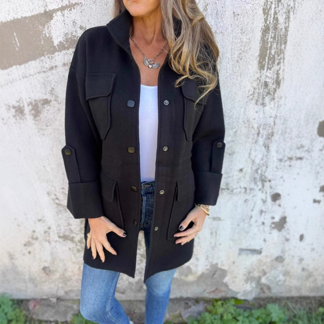 Women's Stand Collar Double-Faced Wool Coat with Pockets