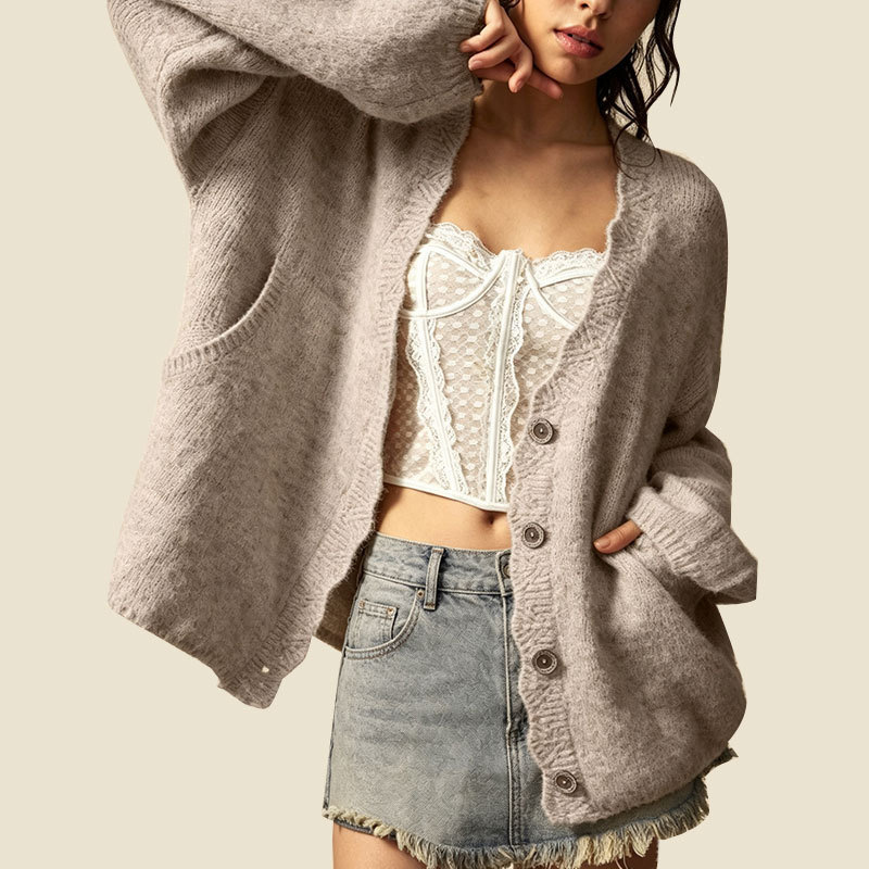 Women's Loose Knit Button-Front Cardigan with Pockets Long Sleeve Crew Neck