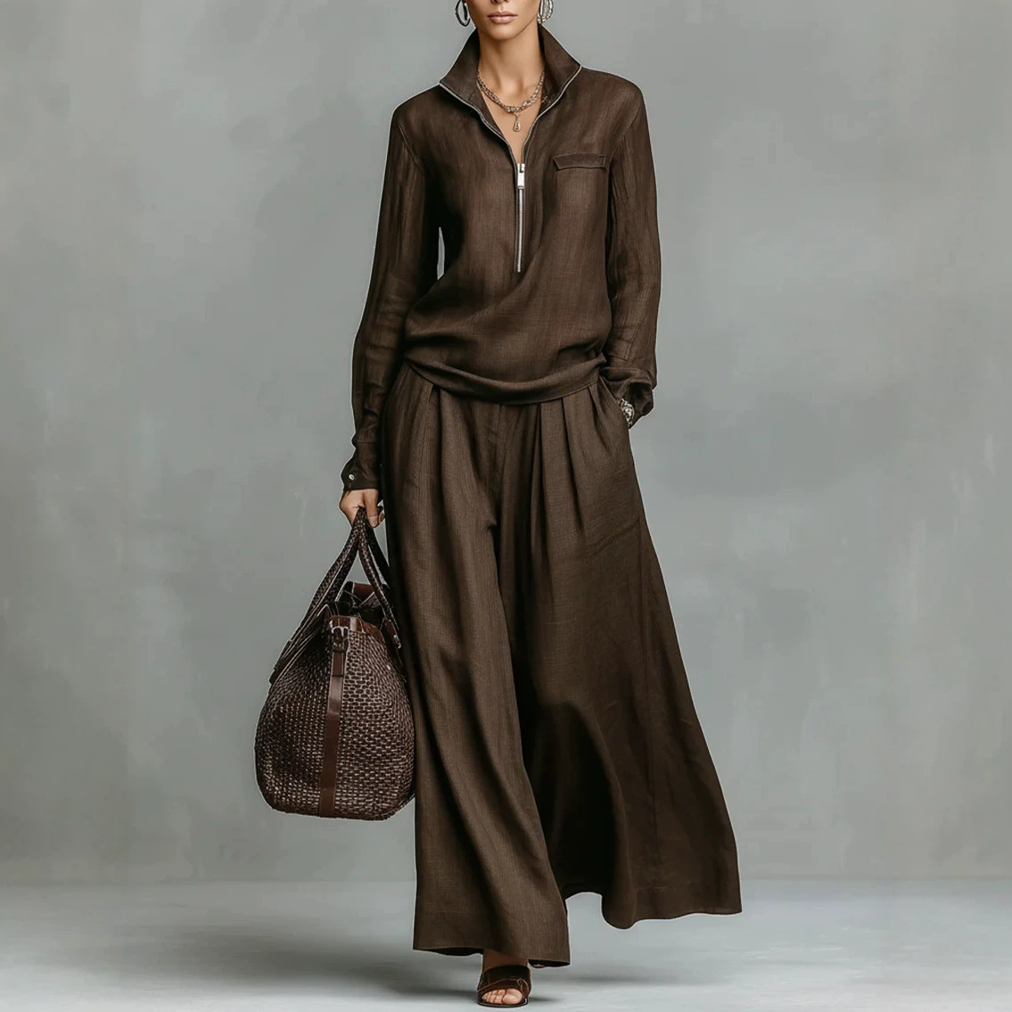 Women's Zip-Up Wide-Leg Pants Set Casual Solid Color
