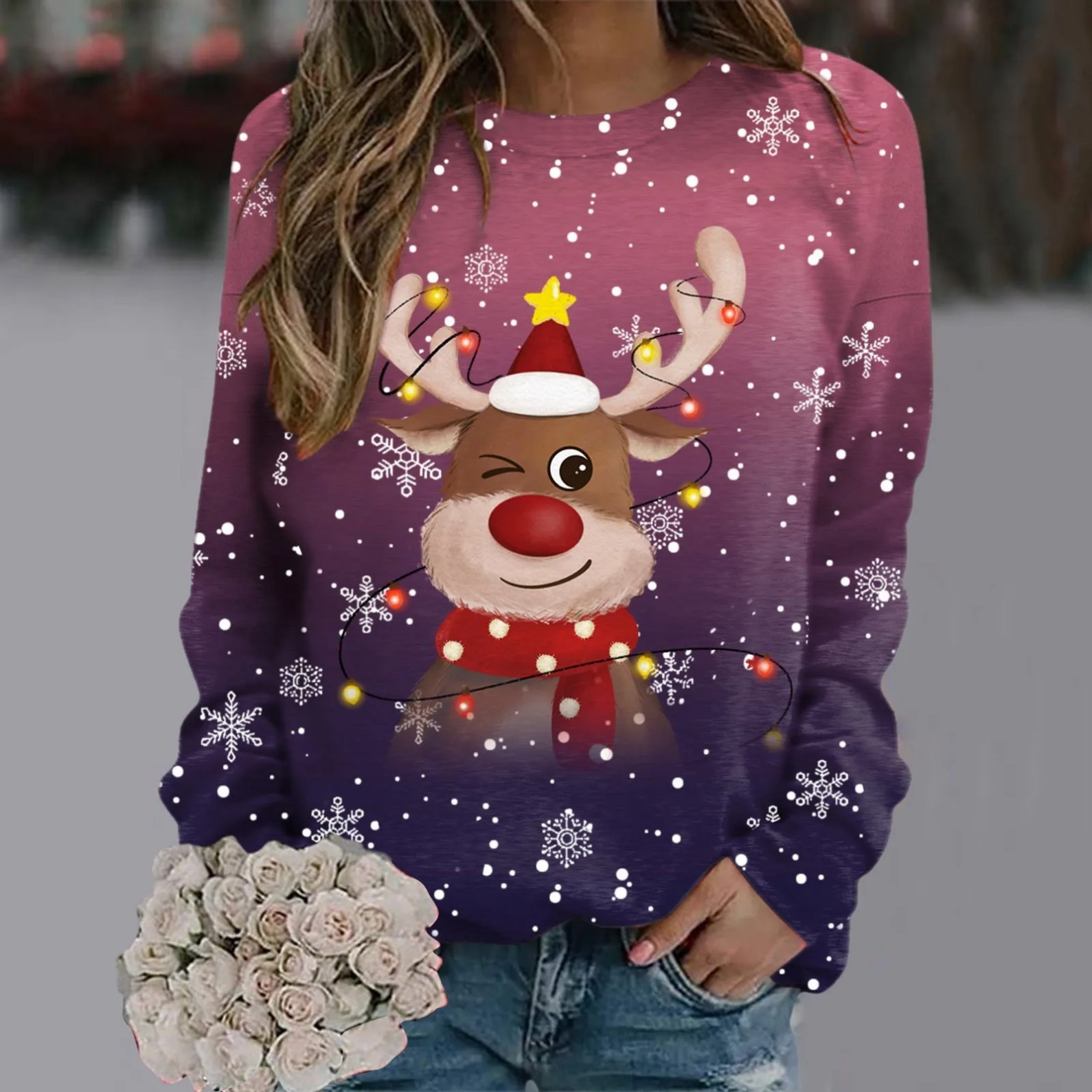 Women's Cartoon Christmas Reindeer Snowflake Print Crewneck Sweatshirt