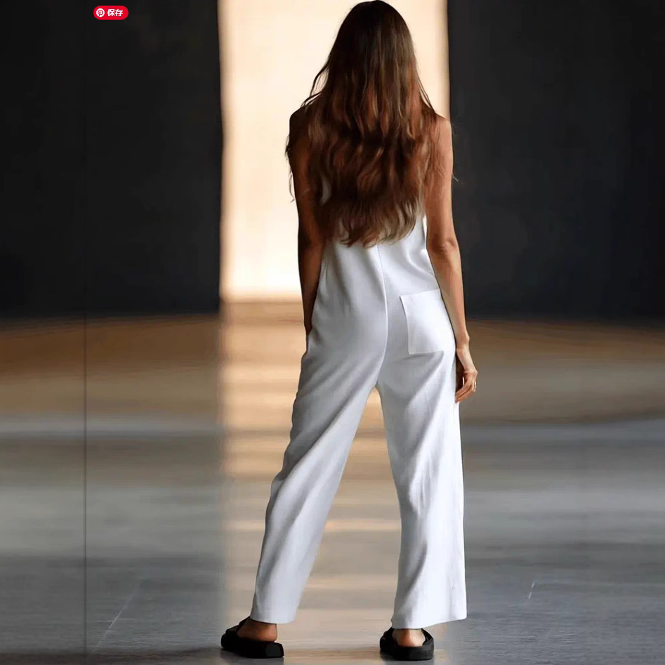 Women's Casual Sleeveless Button-Front Wide-Leg Jumpsuit with Pockets