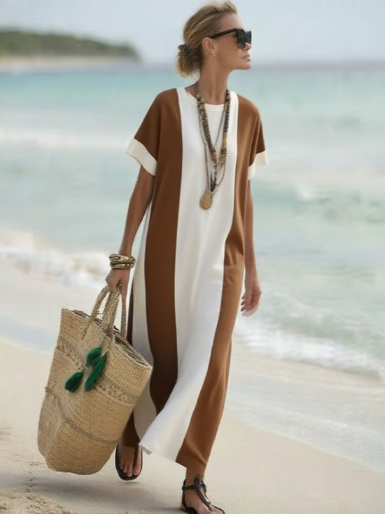 Women's Color-Block Print Round Neck Loose Midi Dress