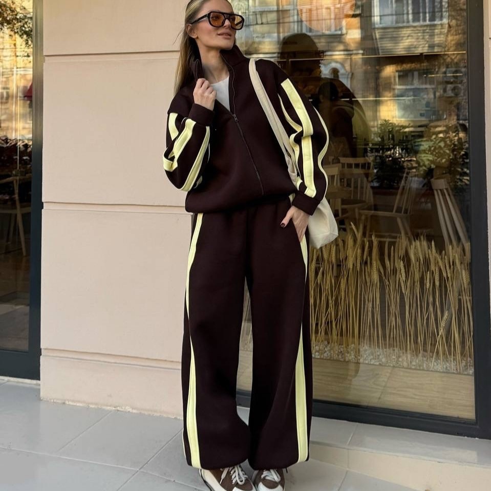 Women's Colorblock Zip-Up Stand Collar Cardigan & Striped Jogger Two-Piece Set