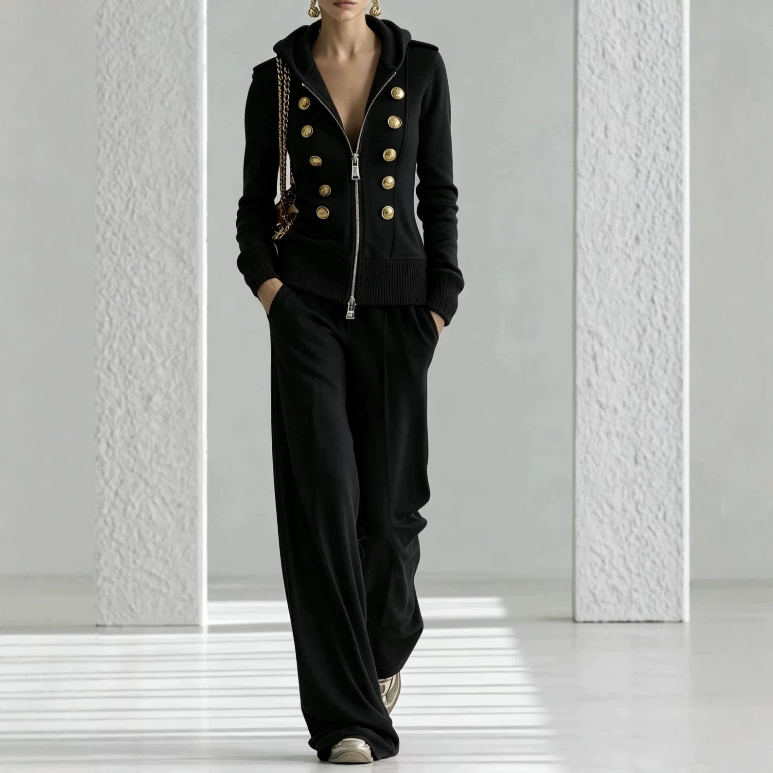 Hooded Zip Two-Piece Wide-Leg Pant Set