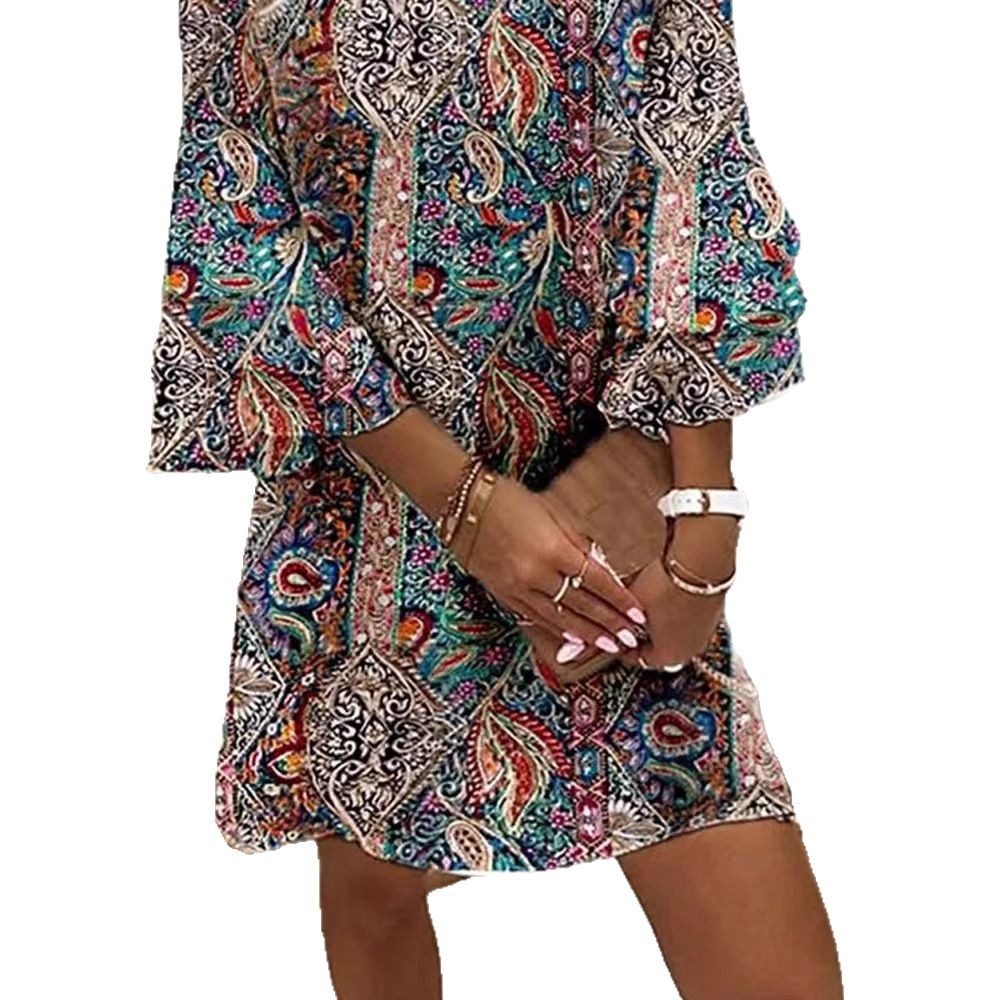 V-Neck Double Flared Sleeve Printed Midi Dress