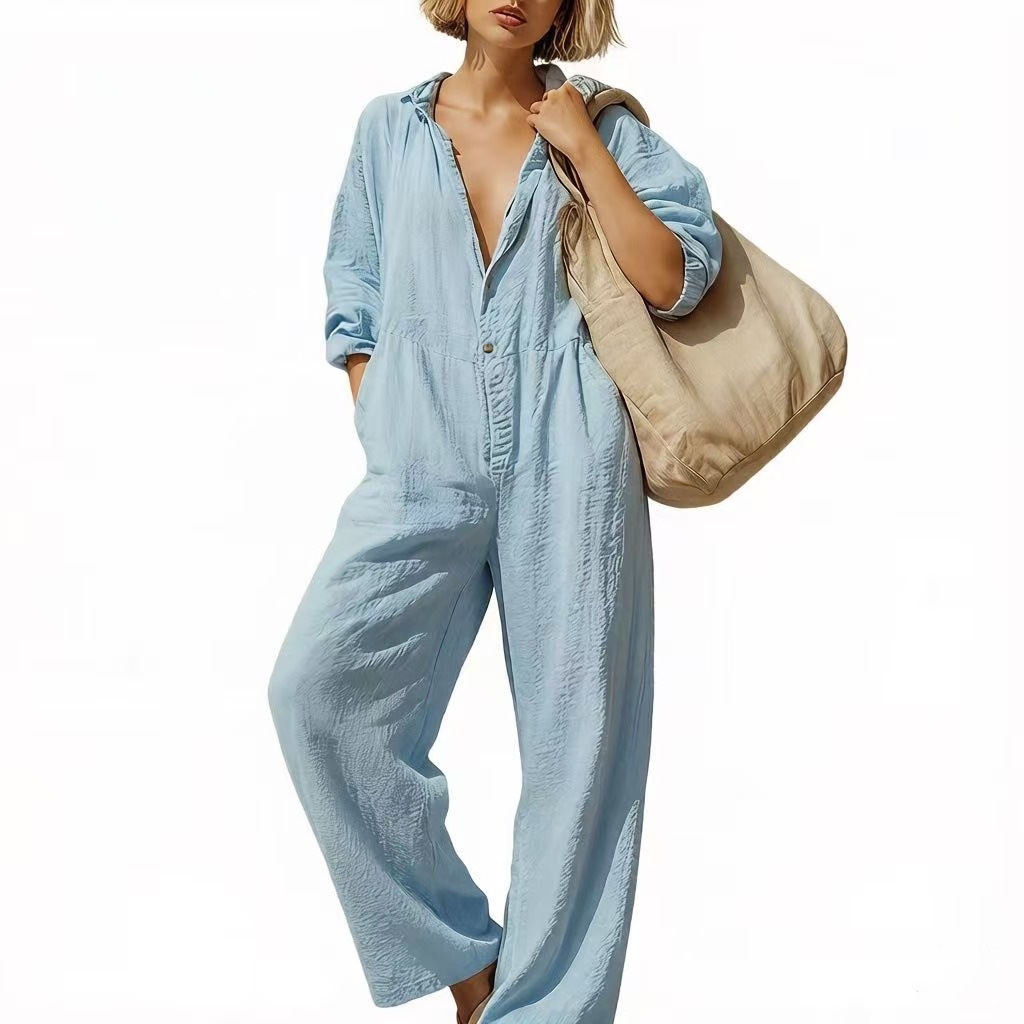 Women's V-Neck Button Long Sleeve Solid Color Jumpsuit with Pockets