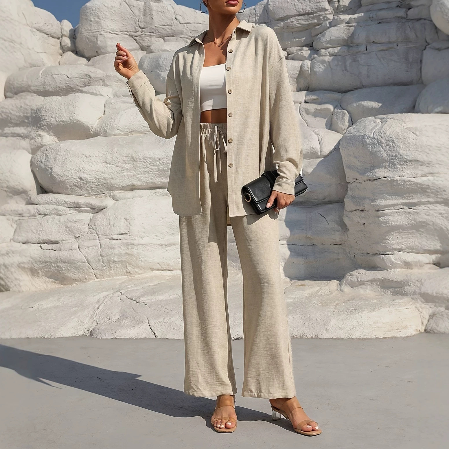 Women's Plus Size Long Sleeve Cardigan & Pants Two-Piece Set Solid Color Casual