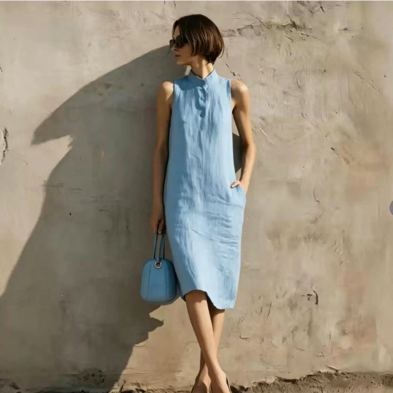 Sleeveless Linen Straight Dress Minimalist Textured Cotton-Linen Midi