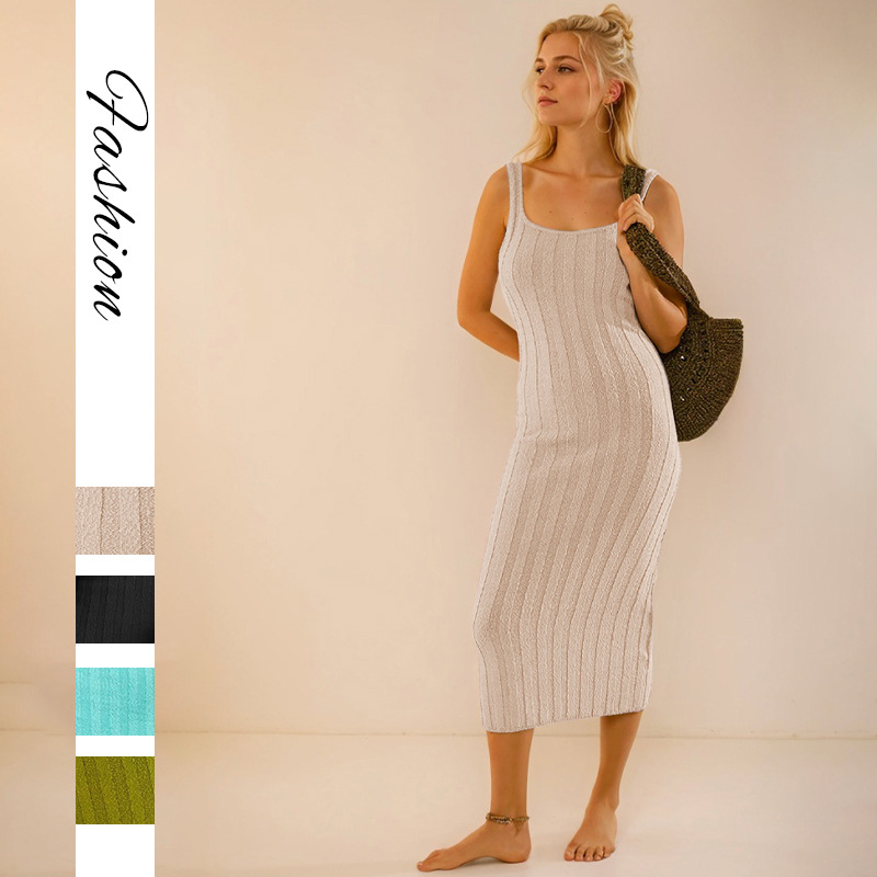 Women's Sleeveless Knit Maxi Dress Solid Color High Waist A-Line