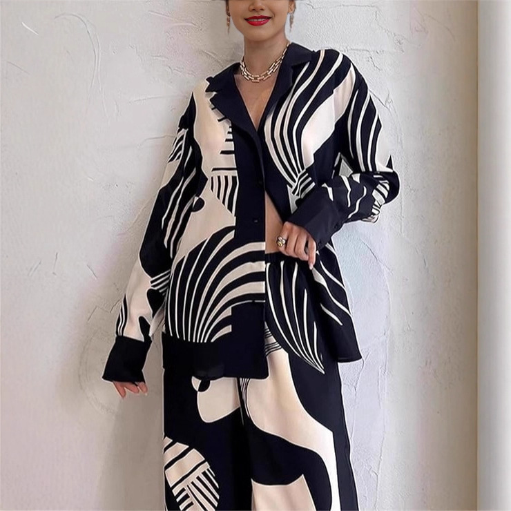 Women's Casual Elegant Printed Vintage Pattern Long Sleeve Shirt and Pants Two-Piece Set