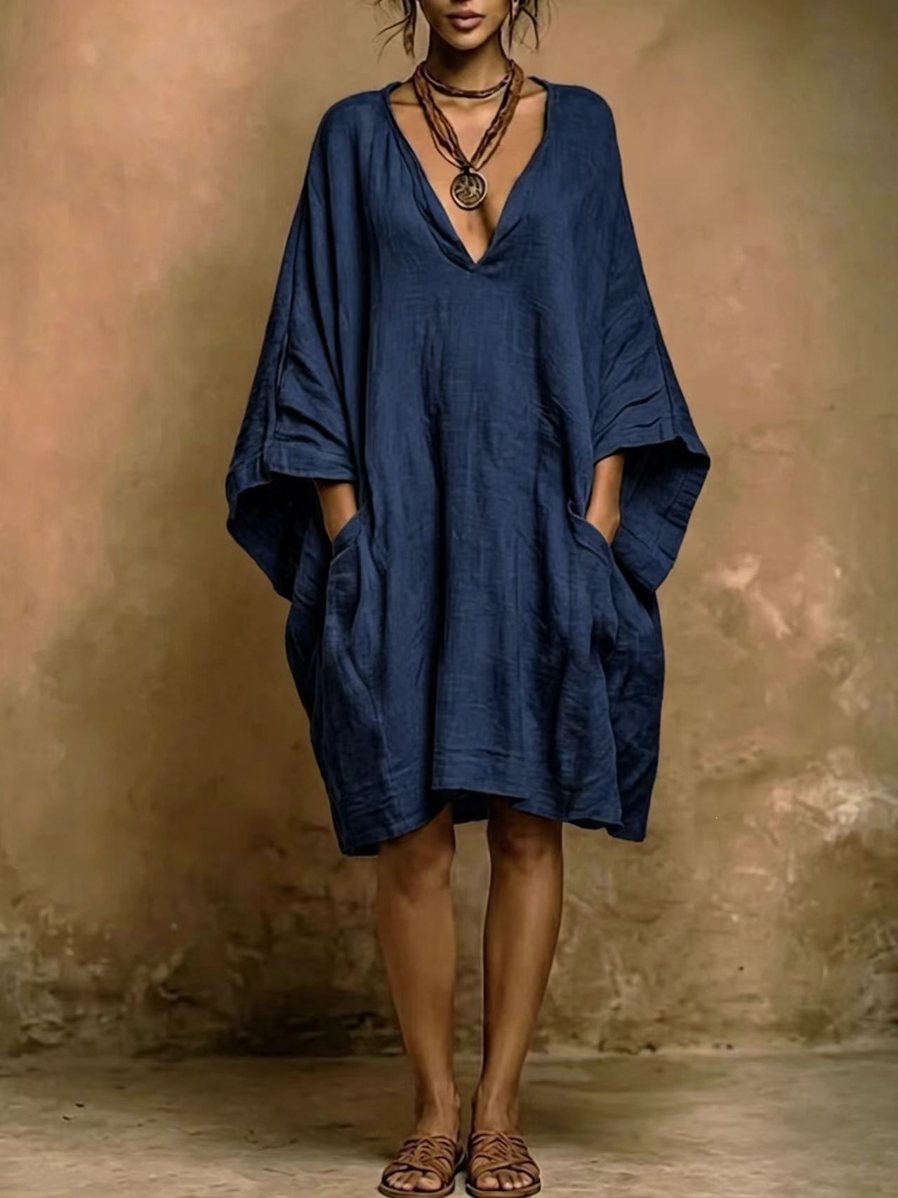 Boho Solid Color Dress with V-Neck, Batwing Sleeves, and Pockets