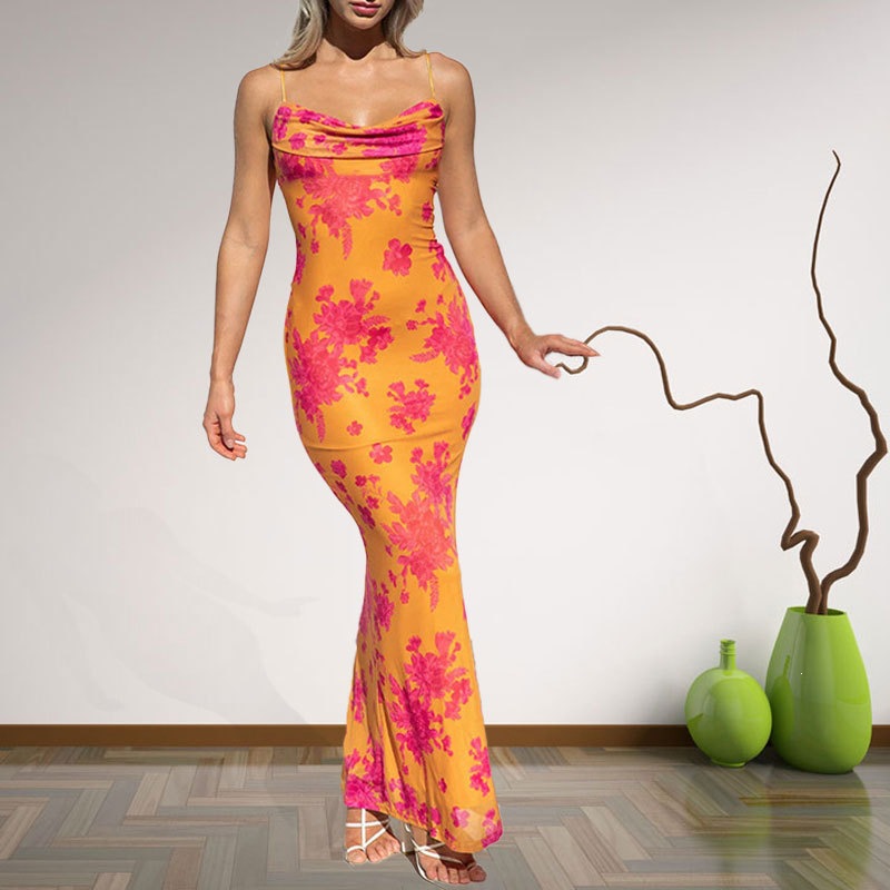 Sexy Printed Lace-Up Waist Bodycon Cami Dress