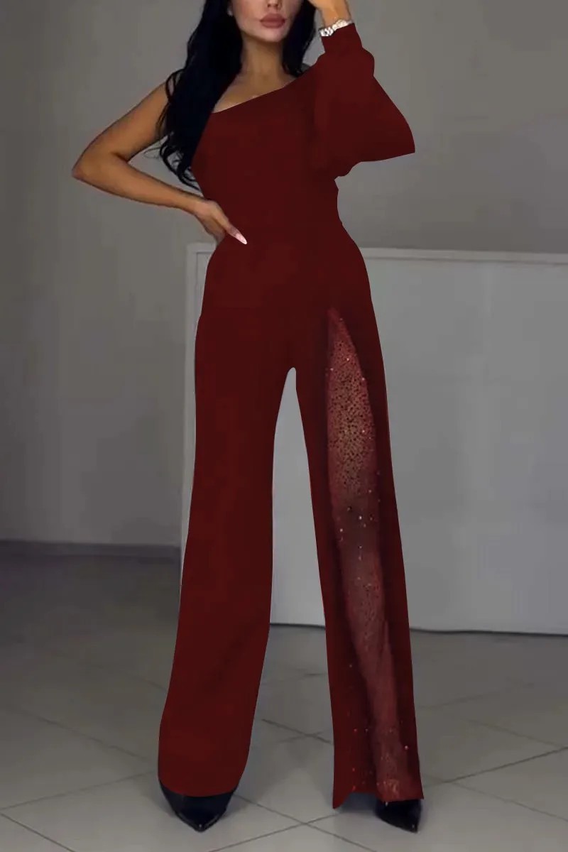 Women's One-Shoulder High-Slit Jumpsuit with Flared Pants