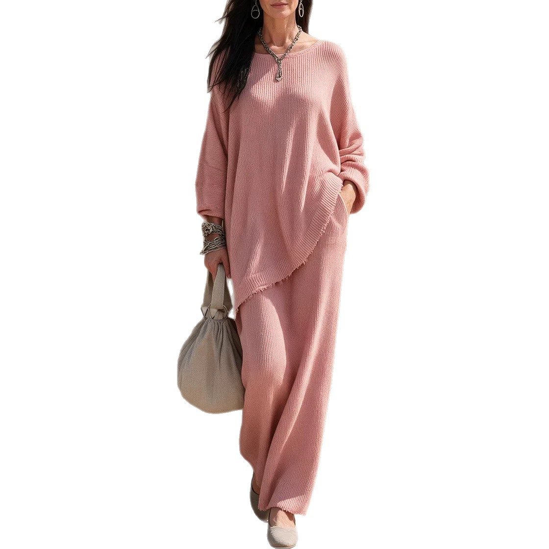 Women's Knit Two-Piece Sweater and High-Waist Midi Skirt Set