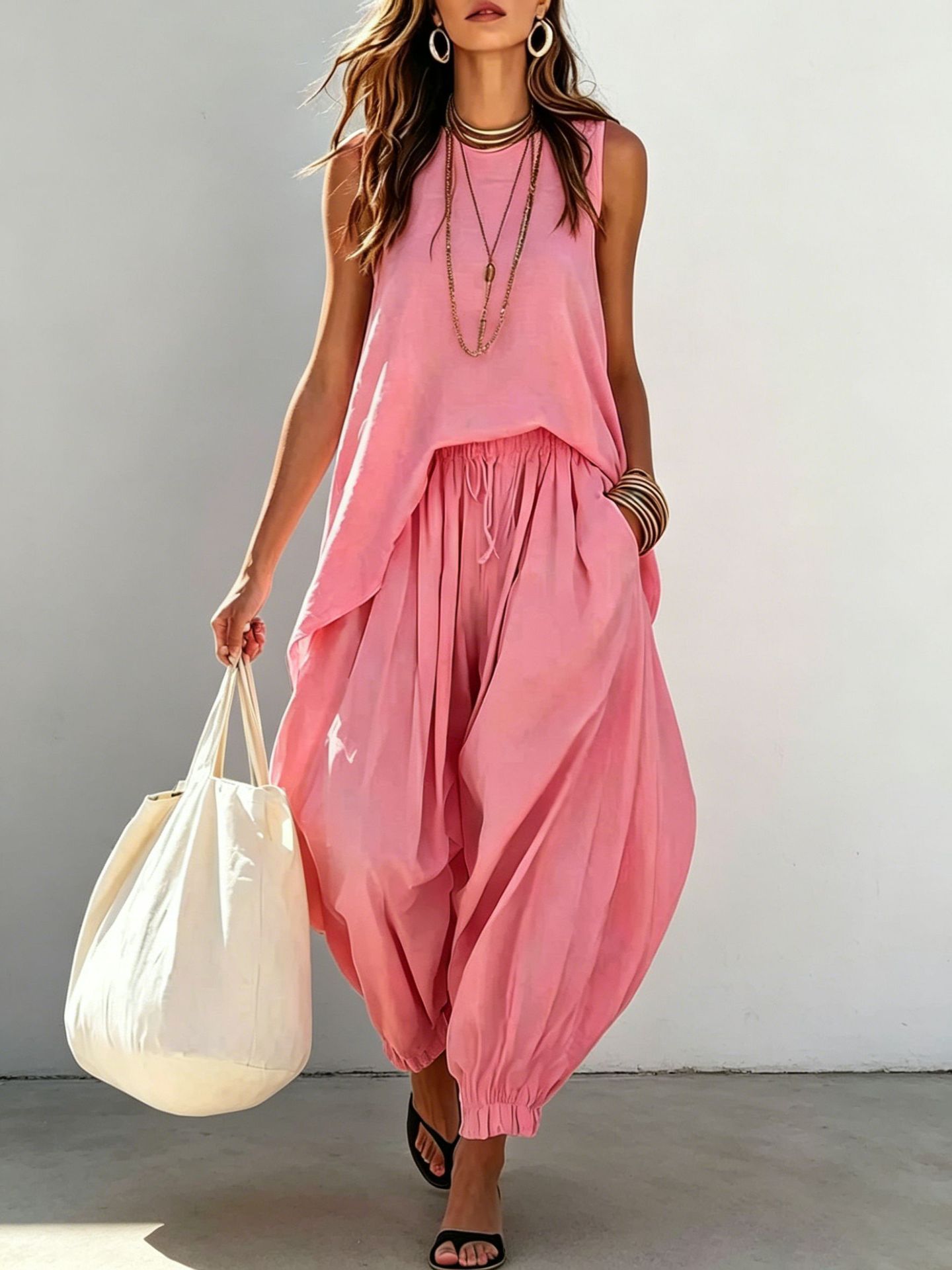 Women's Solid Sleeveless Top & Lantern Pants Set Boho Vacation Outfit